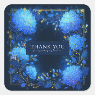 Magical Glowing Blue Hydrangea Gold Sparkle Floral Square Sticker