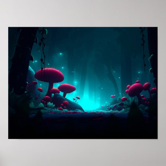 Magical Glowing Mushroom Forest Night Poster (Front)
