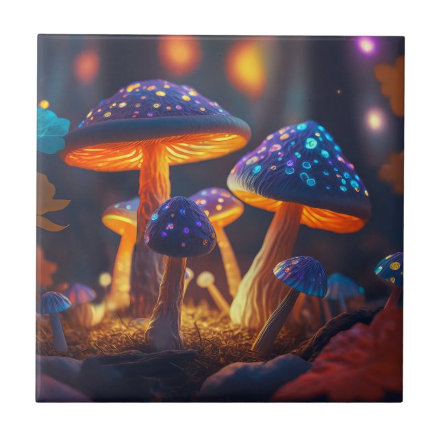 Magical Glowing Mushroom Garden Mystical Fantasy Tile (Front)
