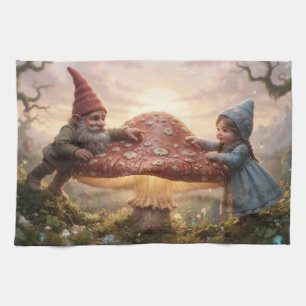 Magical Gnome And Girl In Forest With Mushroom Kitchen Towel