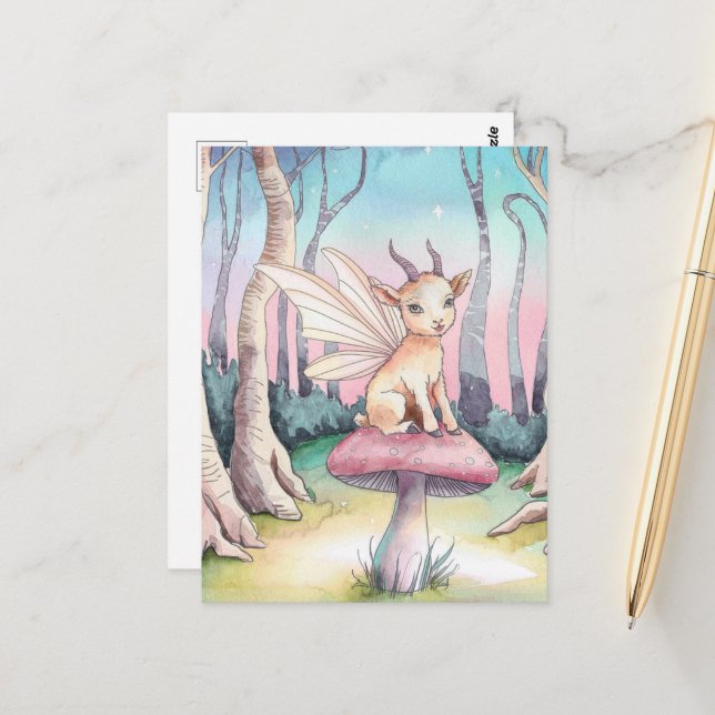Magical Goat sits on a Mushroom in the Forest Postcard (Front/Back In Situ)