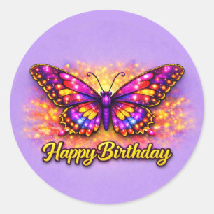 Magical Gold and Purple Happy Birthday Butterfly Classic Round Sticker