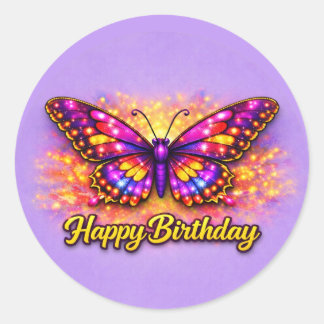 Magical Gold and Purple Happy Birthday Butterfly Classic Round Sticker