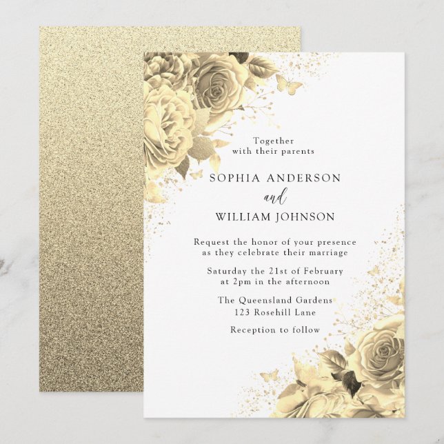 Magical Gold Flowers with Glitter Elegant Wedding Invitation (Front/Back)