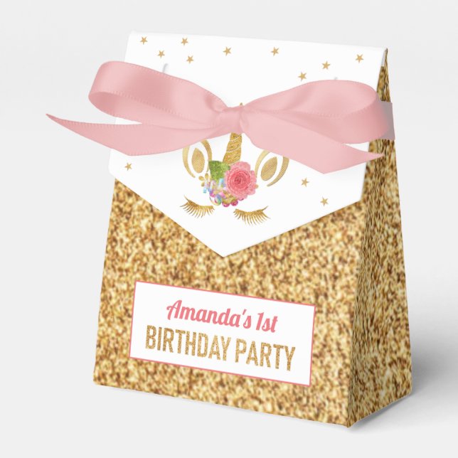 Magical Gold Glitter Unicorn Face Birthday Party Favor Box (Front Side)
