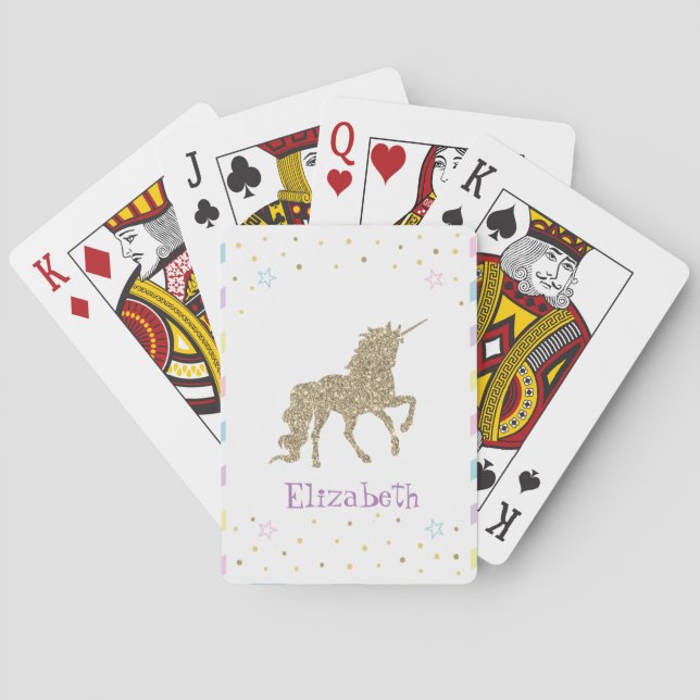 Magical Gold Glitter Unicorn, Stars - Personalized Playing Cards (Back)