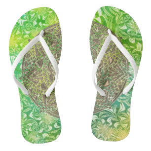 Magical Gold Mandala on Green Floral Flip Flops