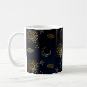 Magical Gold Moon Sun Stars Dark Blue pattern Coffee Mug