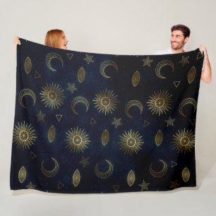 Magical Gold Moon Sun Stars Dark Blue pattern Fleece Blanket