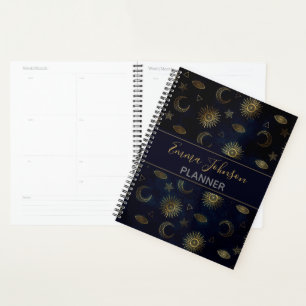Magical Gold Moon Sun Stars Dark Blue pattern Planner