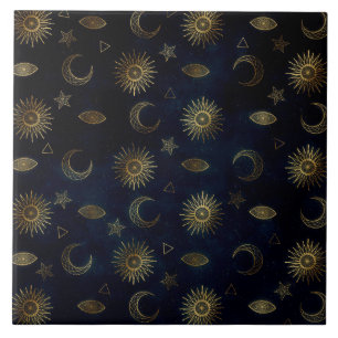 Magical Gold Moon Sun Stars Dark Blue pattern Tile