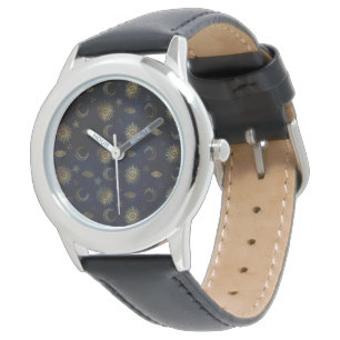 Magical Gold Moon Sun Stars Dark Blue pattern Watch