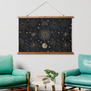 Magical Gold Sun Moon Planets Galaxy Doodling Art Hanging Tapestry