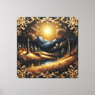 Magical Golden Forest with Sunlit Mountains Canvas Print