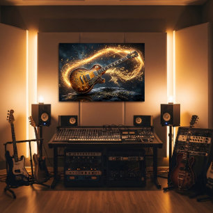 Magical Golden Guitar Fantasy Music Notes Poster