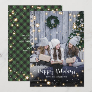 Magical Green Buffalo Plaid Snow Stars Photo Holiday Card