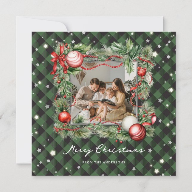 Magical Green Starry Photo Merry Christmas Card (Front)