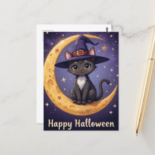Magical Halloween Black Cat Witch Hat and Moonligh Postcard