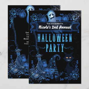 Magical Halloween Party Black Cat Blue Glow Lights Invitation
