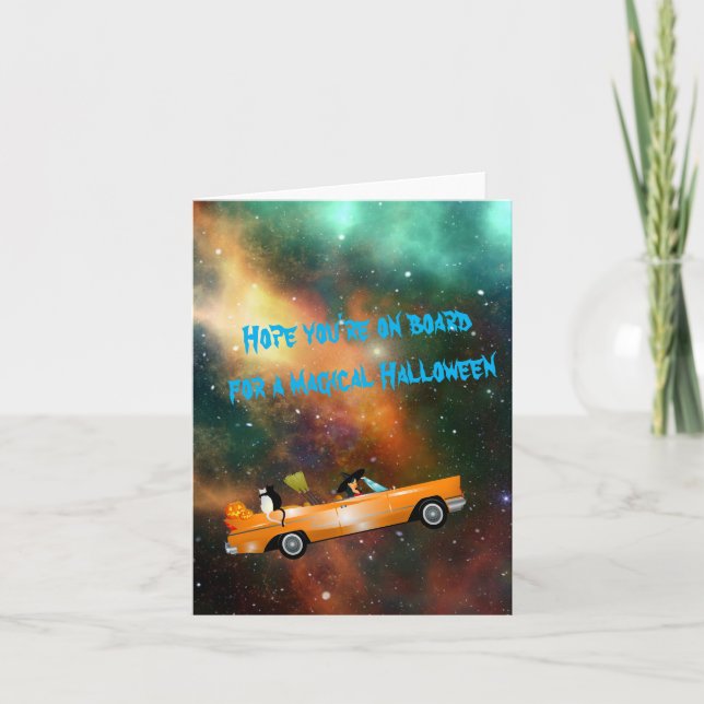 Magical Halloween witch car space greeting card (Front)