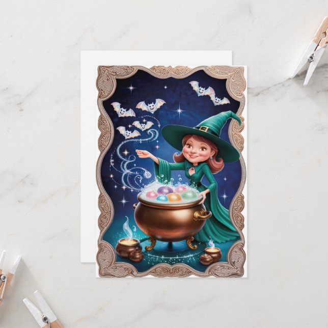 Magical Halloween Witch with Cauldron Card (Front/Back In Situ)