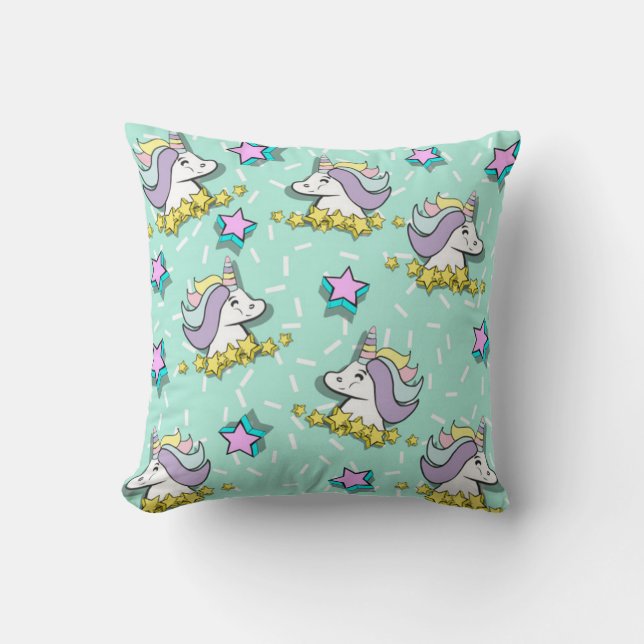 Magical Happy Unicorn And Stars Throw Pillow (Front)