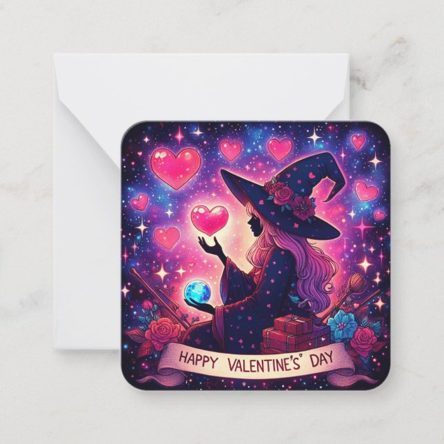 Magical Hearts Witch Valentines Day Note Card (Front)