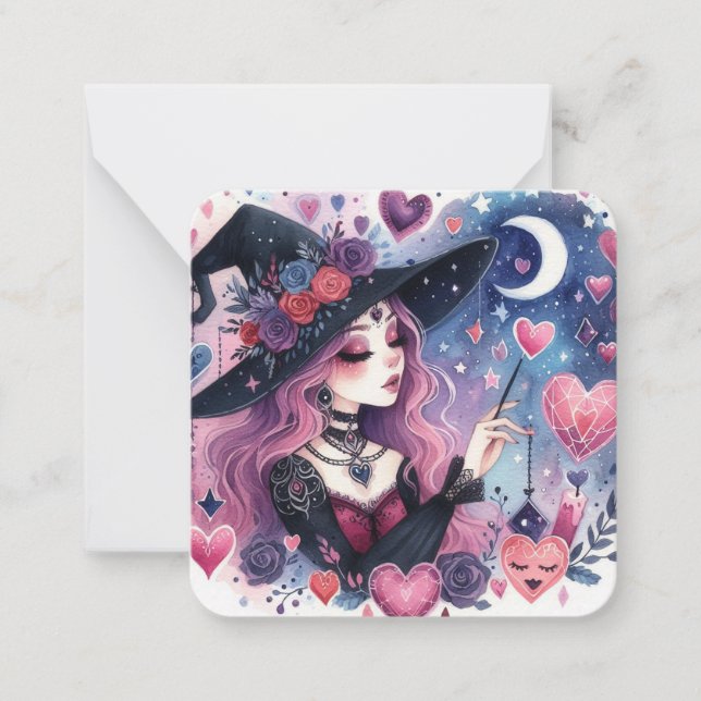 Magical Hearts Witch Valentines Day Note Card (Front)