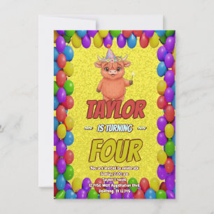 Magical Highland Cow 4th Birthday Invite