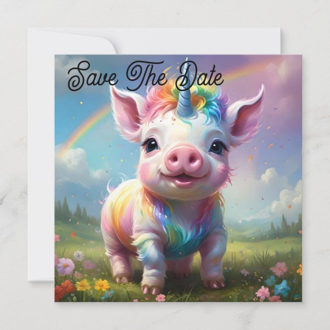 "Magical Hooves: The Rainbow Unicorn Pig" Save The Date (Front)