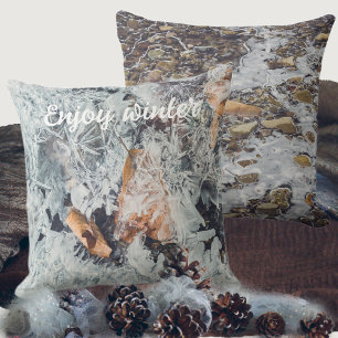 Magical ice crystals pattern with fallen leaves throw pillow