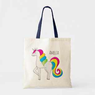 Magical Illustrated Cute Girl Rainbow Unicorn Name Tote Bag