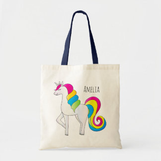 Magical Illustrated Cute Girl Rainbow Unicorn Name Tote Bag