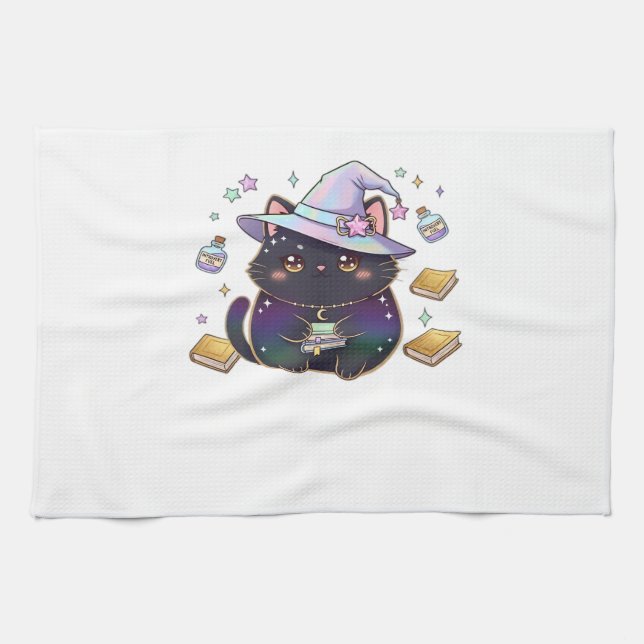 Magical Introvert Cat  Pastel Witch Hat Halloween  Kitchen Towel (Horizontal)