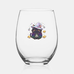 Magical Introvert Cat Pastel Witch Hat Halloween Stemless Wine Glass