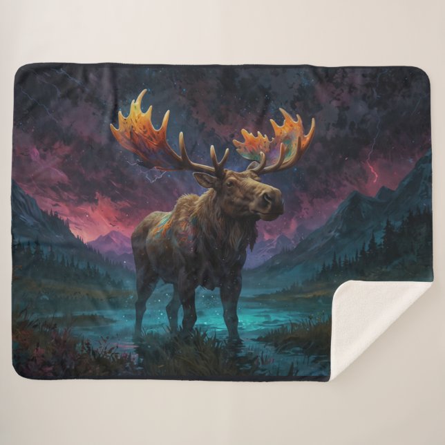 Magical Jasper Moose and Rocky Mountains Sherpa Blanket (Front (Horizontal))