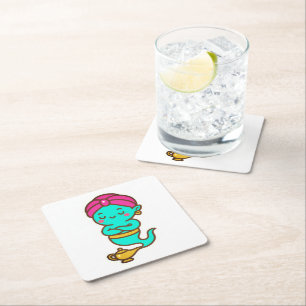 Magical Kawaii Djinn – Neon Spirit Square Paper Coaster