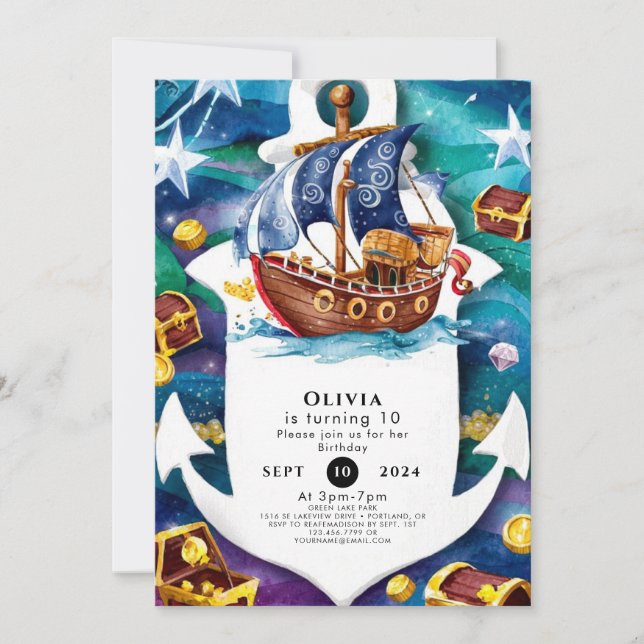 Magical Kids' Watercolor Boat Pirate Birthday Invitation (Front)