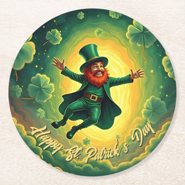 Magical Leprechaun St. Patrick’s Day Art Round Paper Coaster (Front)