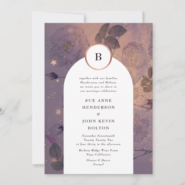 Magical Light Boho Floral Arch Fall Gold Wedding Invitation (Front)