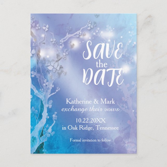 Magical Lights Blue White Wedding Save the Date Announcement Postcard (Front)