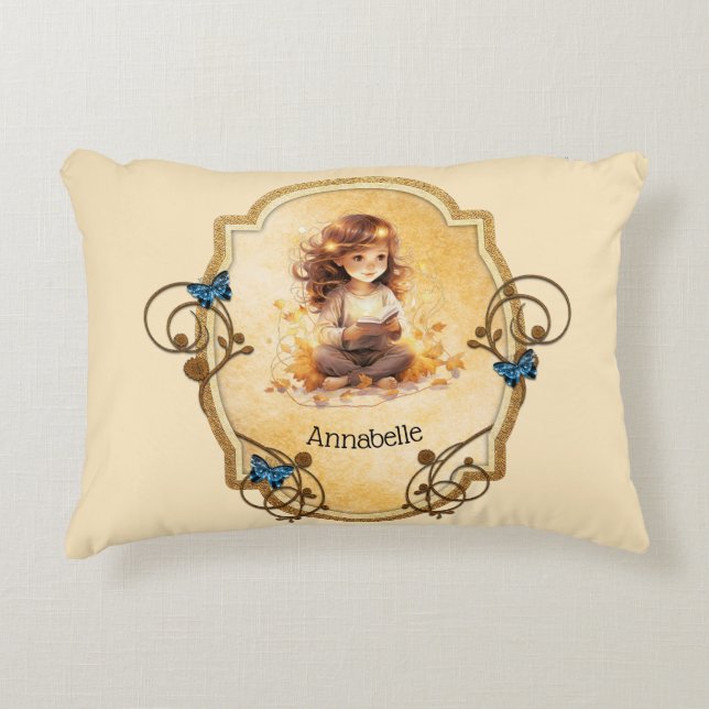 Magical Little Girl Reading a Book  Accent Pillow (Front)