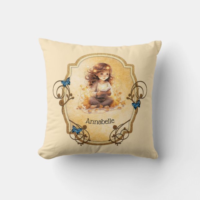 Magical Little Girl Reading a Book  Throw Pillow (Front)