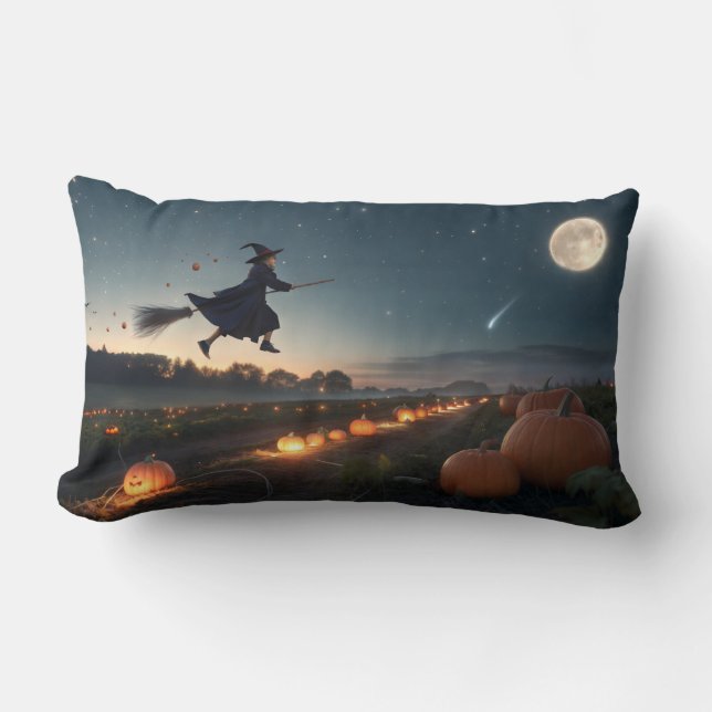 Magical Little Witch Flying on Halloween Night Lumbar Pillow (Front)
