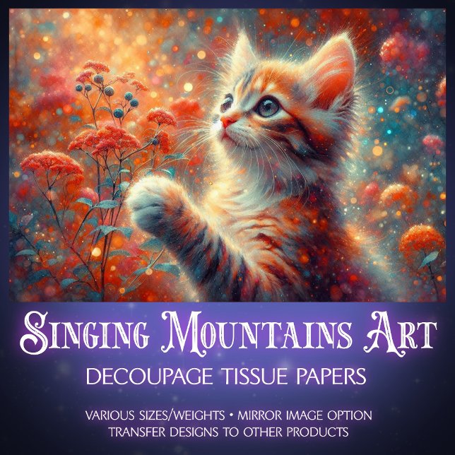 Magical Meadow Whimsical Tabby Cat Decoupage  Tissue Paper (Creator Uploaded)