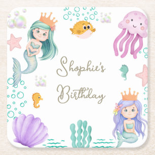 Magical Mermaid Birthday Party Square Paper Coaster