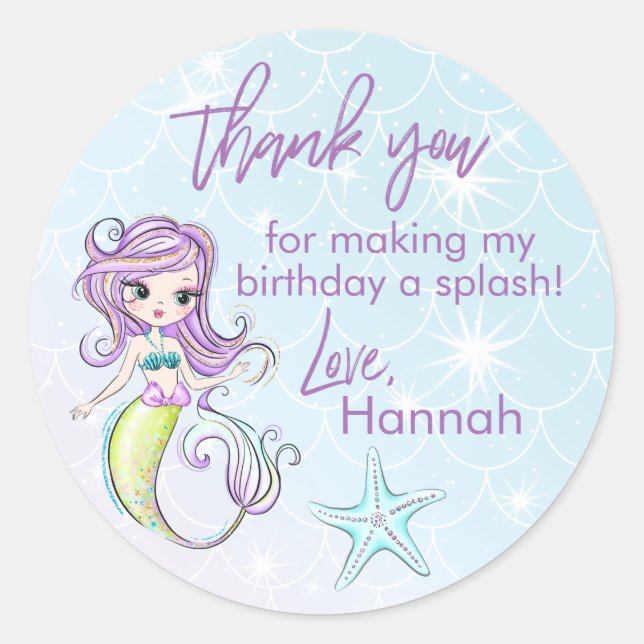 Magical Mermaid Birthday Party Thank You Stickers (Front)