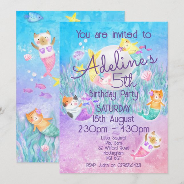 Magical Mermaid Cat Invitations (Front/Back)