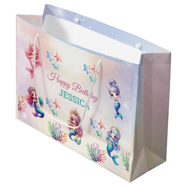 Magical Mermaid Happy Birthday  Large Gift Bag (Front Angled)