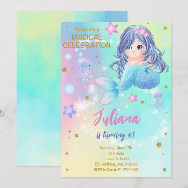Magical Mermaid Kids Birthday Invitation (Front/Back)